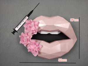 Set of Large Pearlscent Pink Lips 52cm with Flowers and Needle Wall Decoration