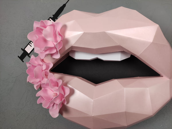 Set of Large Pearlscent Pink Lips 52cm with Flowers and Needle Wall Decoration