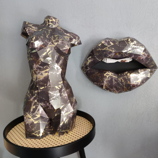 Set of Women Body Card Paper Sculpture 50cm & Lips 37cm Black Marble