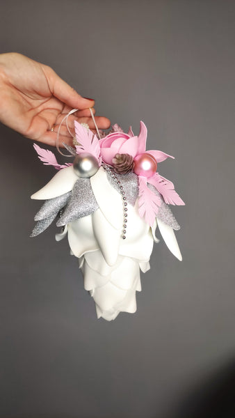 Handmade Large Decorated Pinecone White/Pink