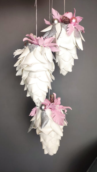 Handmade Large Decorated Pinecone White/Pink