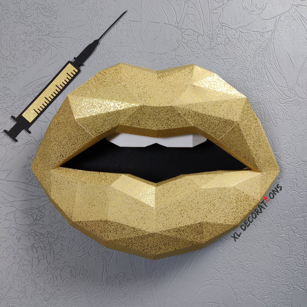 Gold Textured Card Lips 37cm & Needle 27 cm wide Wall Decoration Beauty salon