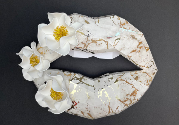 White Marble/Gold Flower lips 37cm wide Wall Decoration